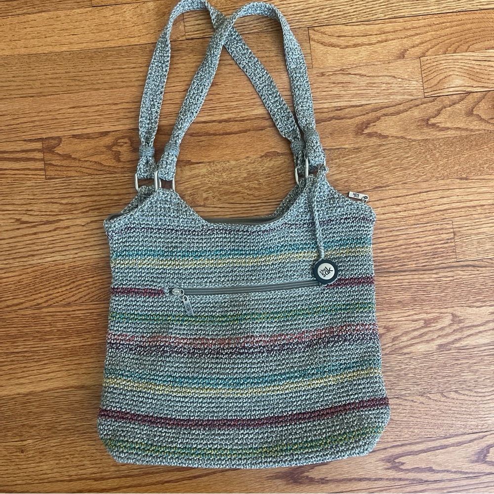 The Sak Tote Gray Colored Stripe 14” x 12” Lined PERFECT COND